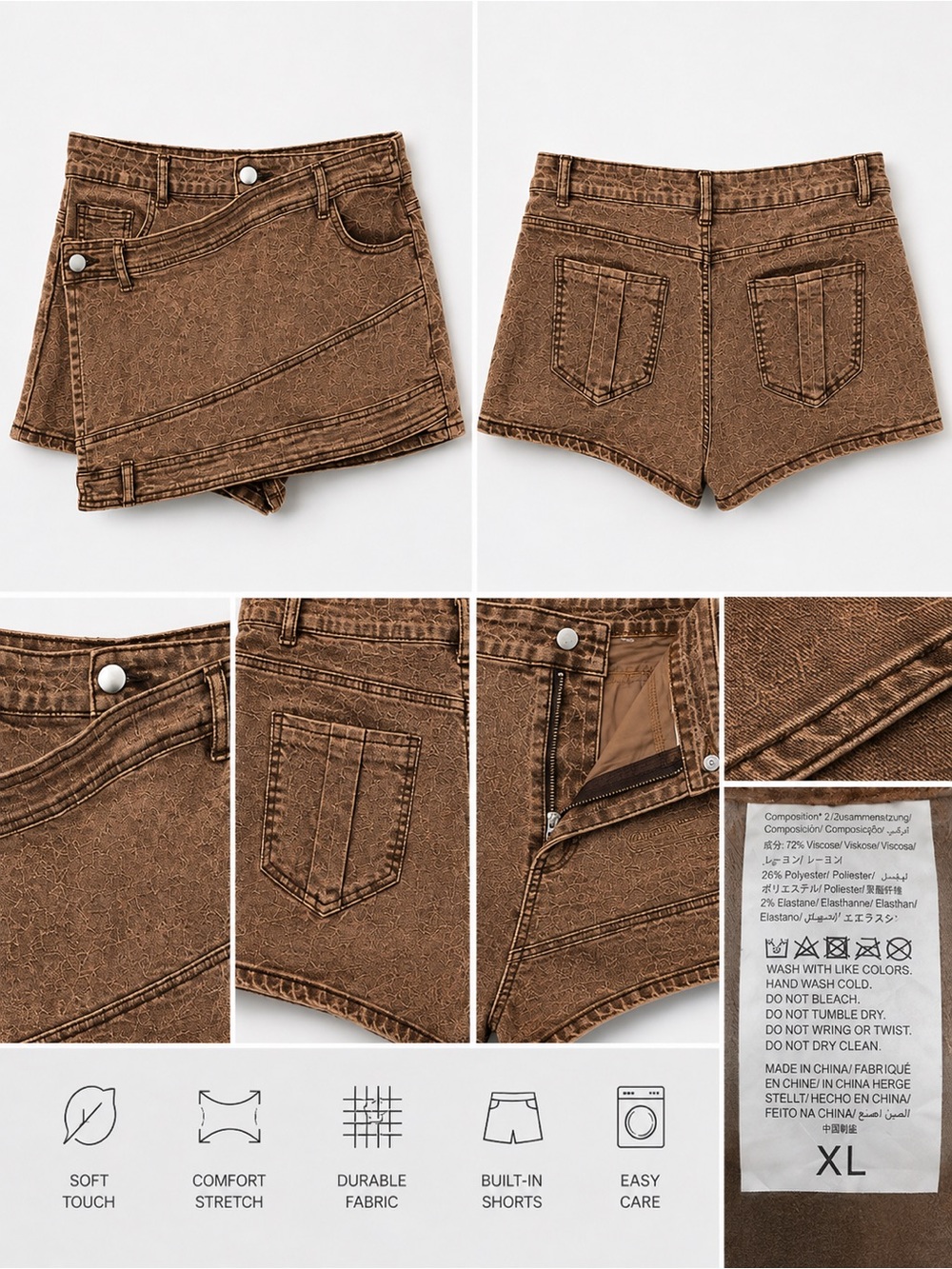 Brown Y2K Acid Wash Asymmetrical Wrap Skort Built-In Shorts XL